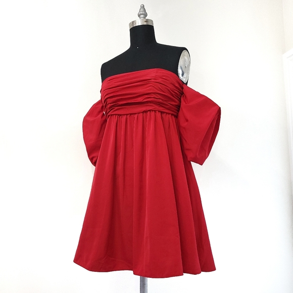 Free People Party Taffetta Red Corset Puff Sleeve Babydoll Mini Dress - Picture 5 of 8